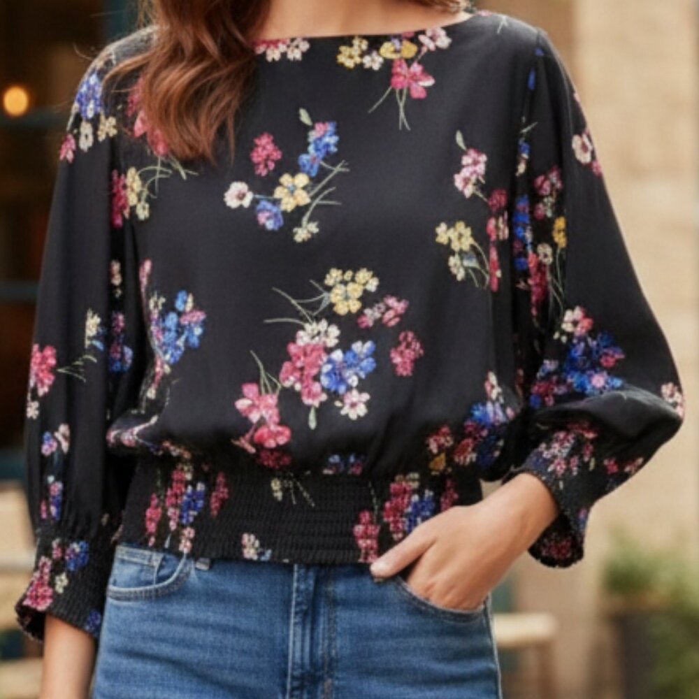 Floral Maeve Anthropologie Black Multi Cotton Smocked Dolman Blouse M Medium